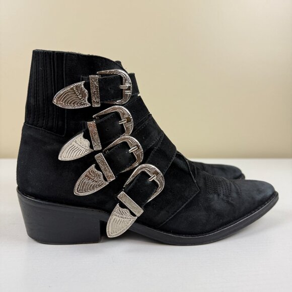 Toga Pulla Western Buckle Black Suede Ankle Boots - Picture 2 of 16